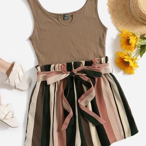 New Notched Neck Block Stripe Belted Tank Romper Black Brown